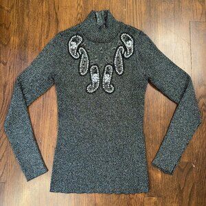 VTG XS-S Once Again Metallic Ribbed Beaded Paisley Sweater Y2K Turtleneck Academ